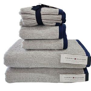 Tommy Hilfiger 8pc Cotton Towel Set Bath Hand Washcloths White Navy Gray Striped